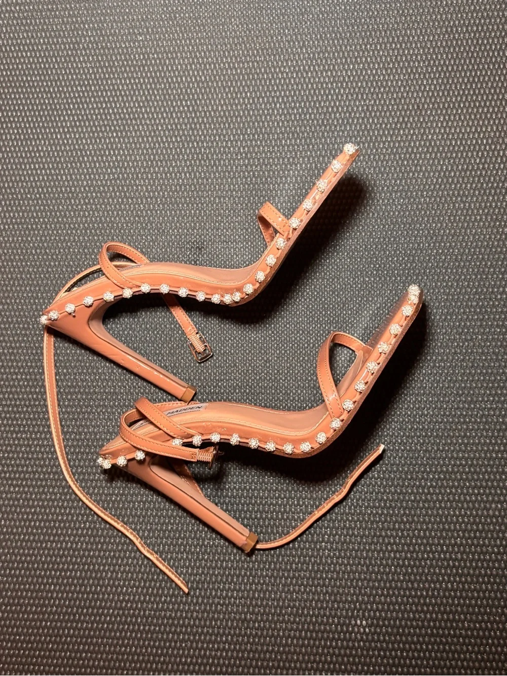 Steve Madden Coral Patent Pearl-Trim Square-Toe Sandals with Ankle Tie